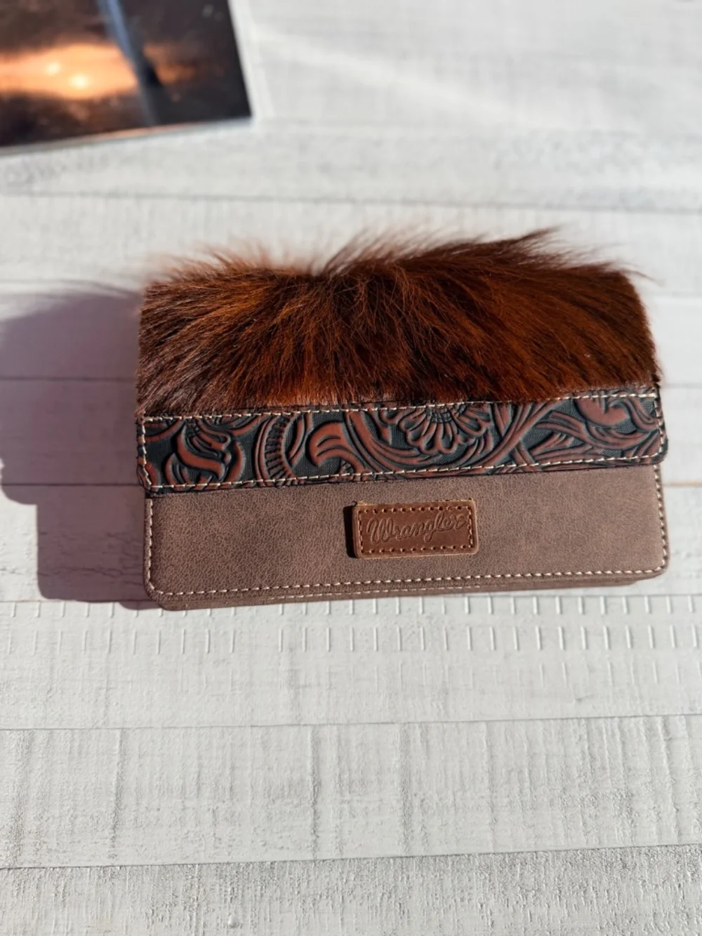 Wrangler Genuine Hair-On Cowhide Wallet/Crossbody - Coffee